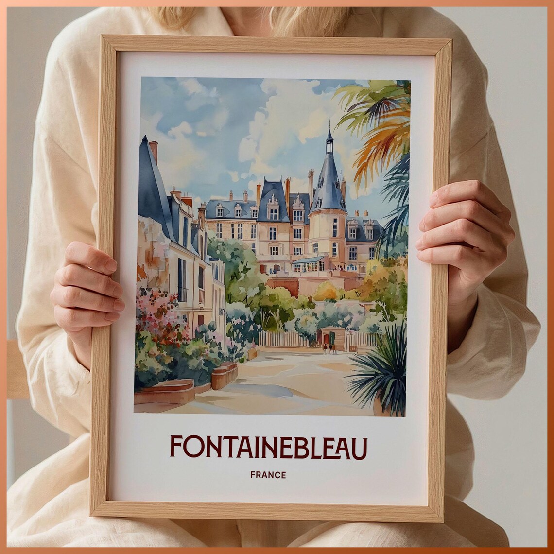 Fontainebleau France Watercolor Chateau Turrets Courtyard Garden Poster
