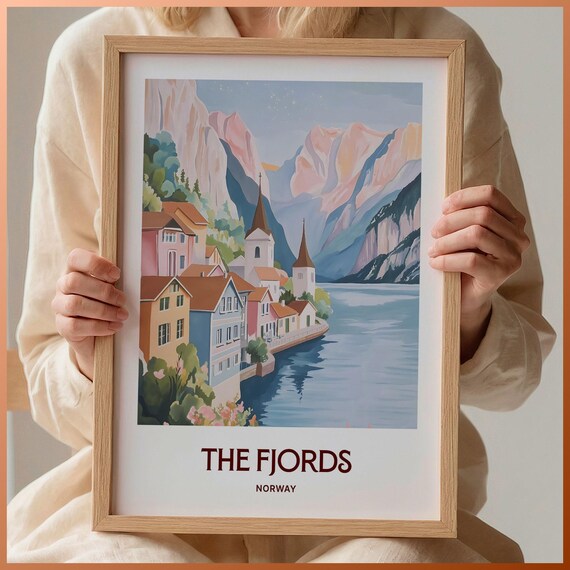 The Fjords Norway Pastel Fjord Village Mountain Scenery Poster