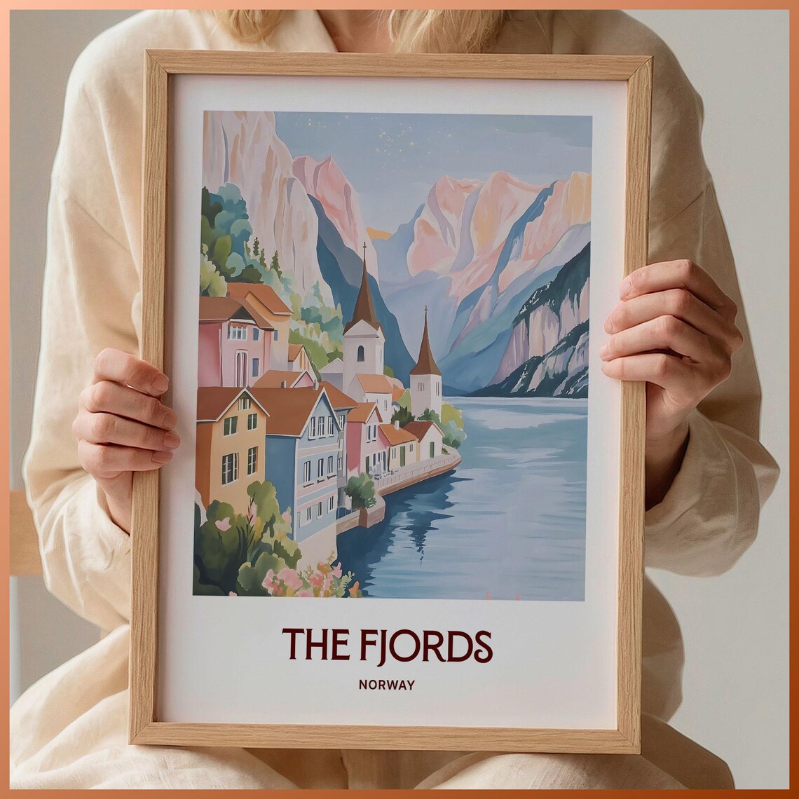 The Fjords Norway Pastel Fjord Village Mountain Scenery Poster