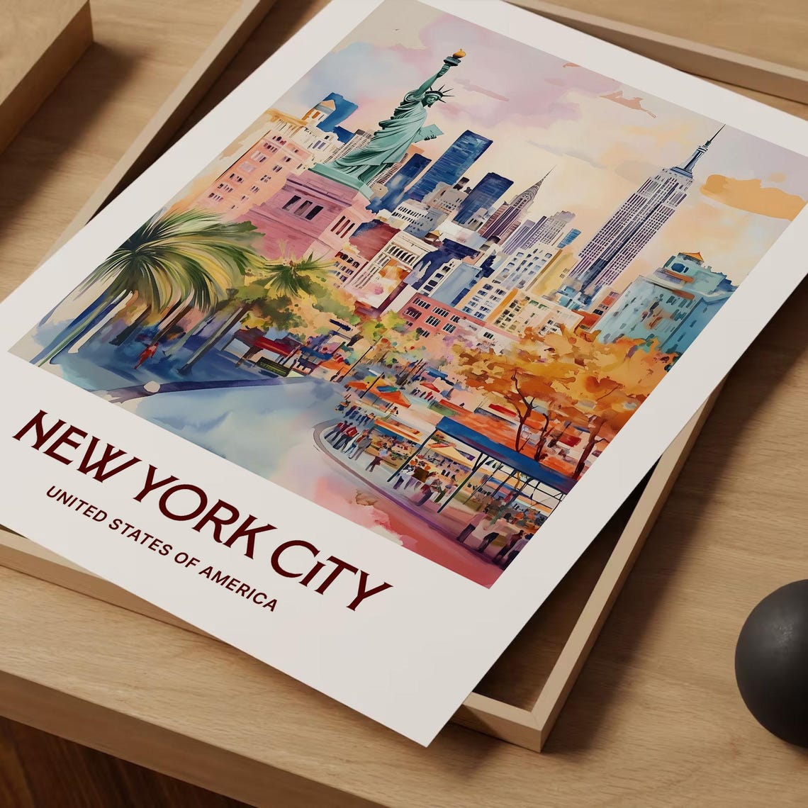 New York City Statue Of Liberty Skyline Watercolor Travel Poster - Image 2