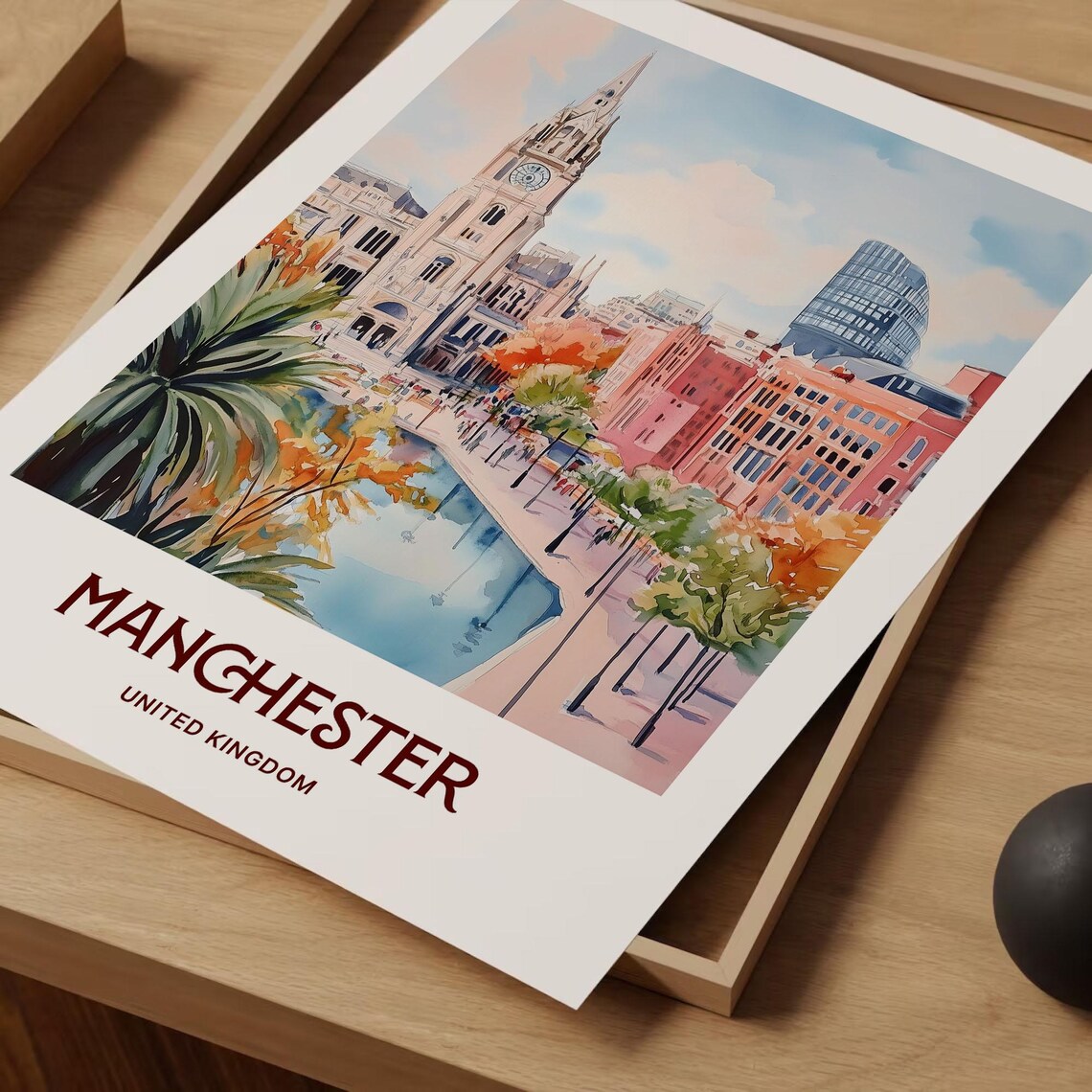 Manchester United Kingdom Town Hall Canal Watercolor Travel Poster - Image 2