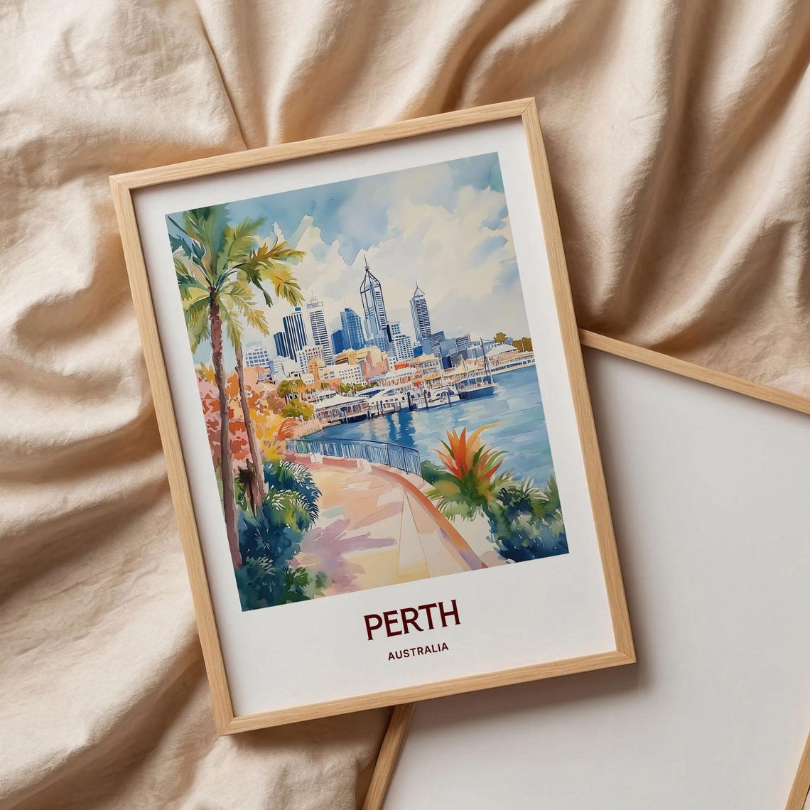 Perth Skyline Waterfront Swan River Watercolor Travel Poster - Image 3