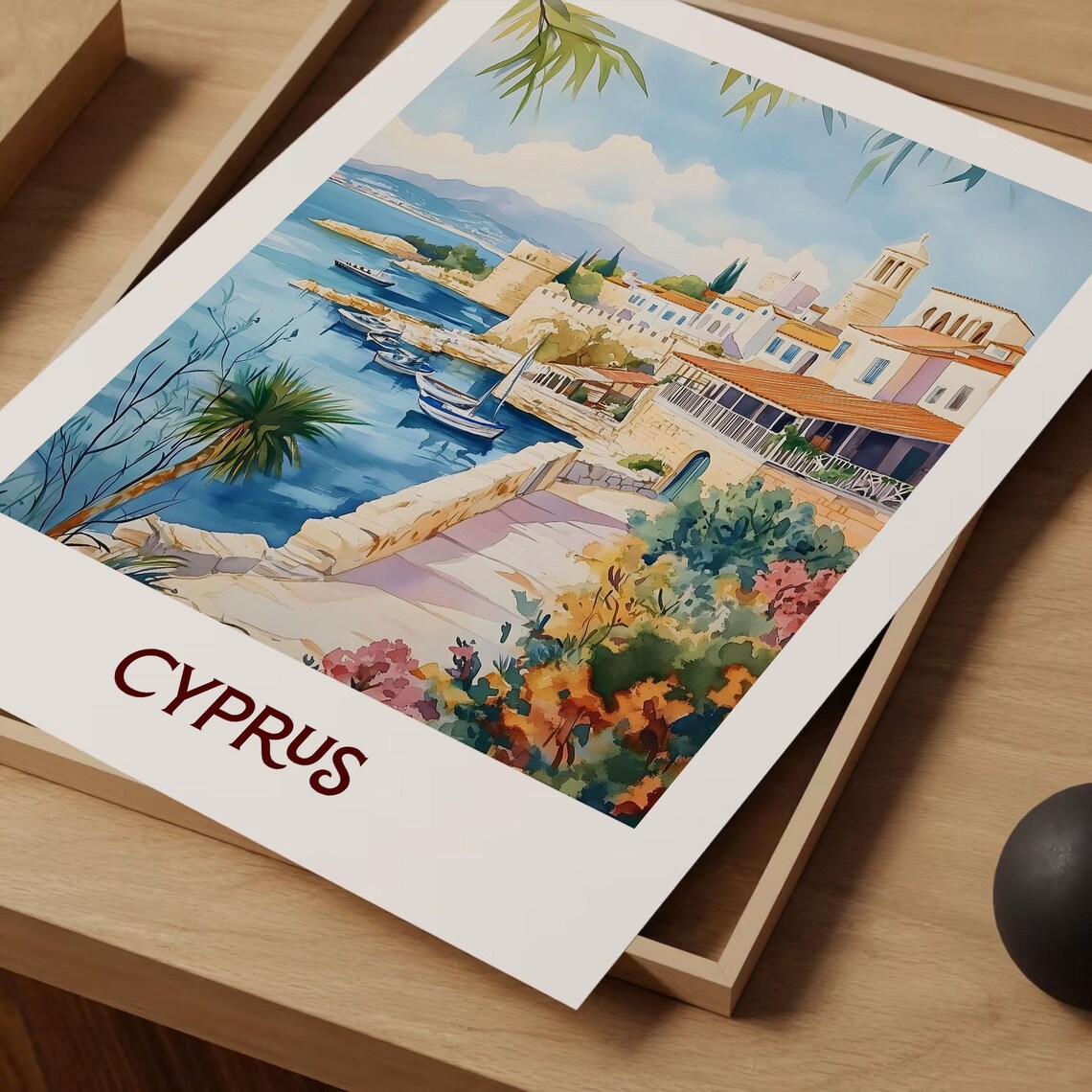 Cyprus Harbor Sailboats Whitewashed Town Watercolor Travel Poster - Image 2