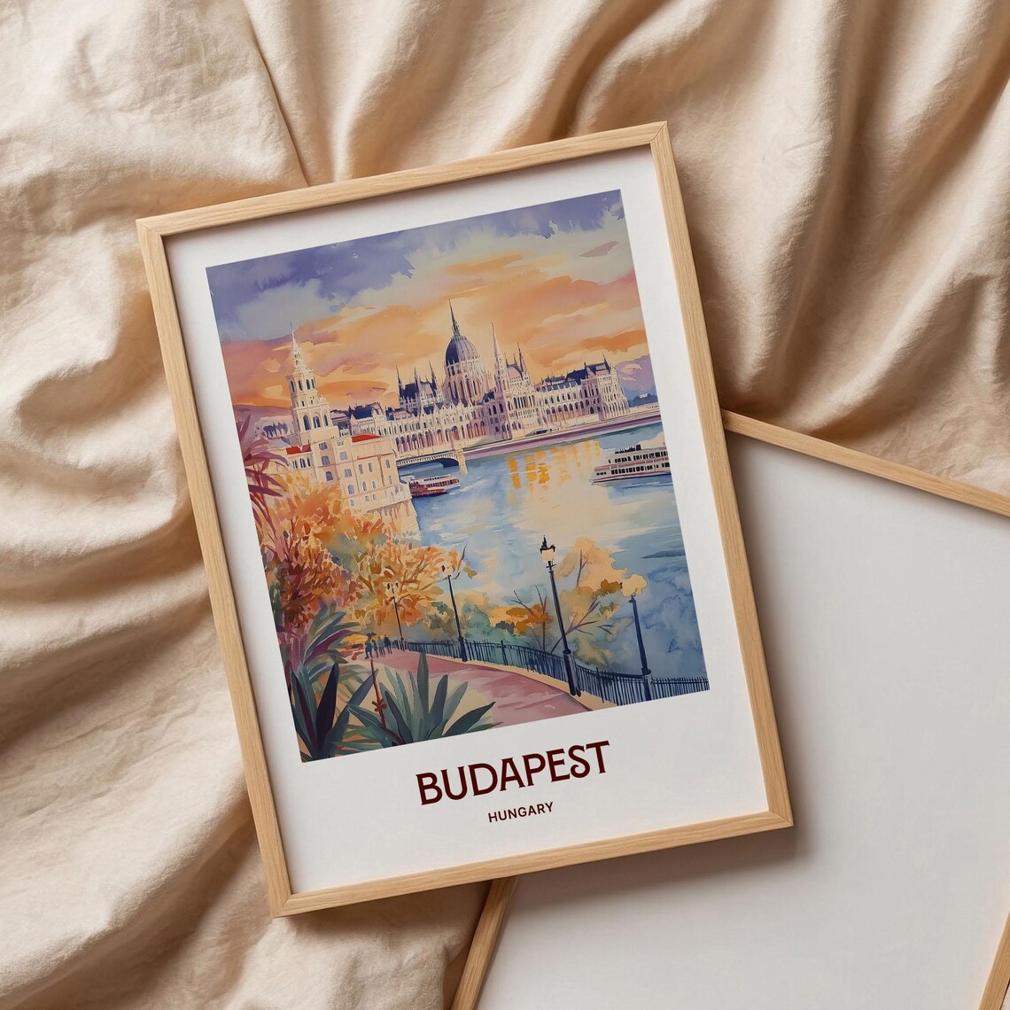 Budapest Hungary Parliament Danube Sunset Watercolor Cityscape Travel Poster - Image 3