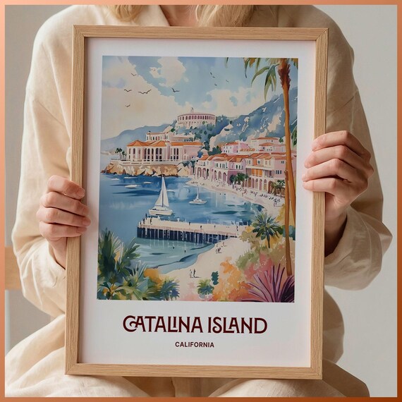 Catalina Island California Avalon Harbor Watercolor Vintage Travel Poster