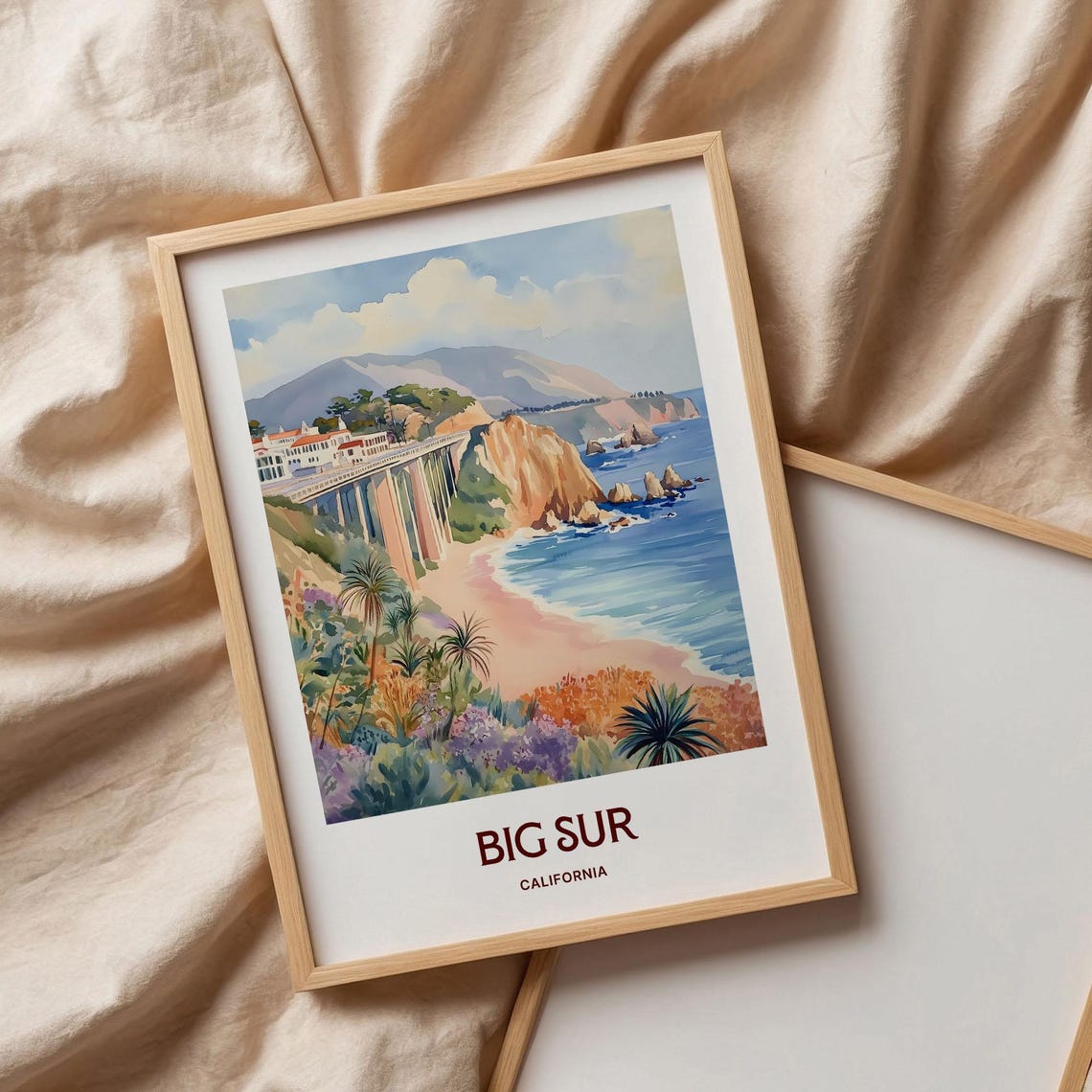 Big Sur California Bixby Bridge Cliffs Beach Watercolor Travel Poster - Image 3