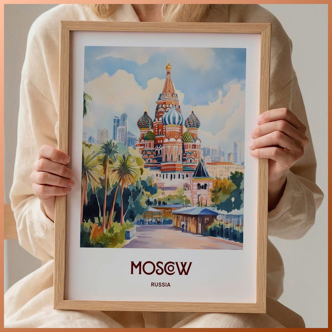 Moscow Russia Watercolor Saint Basils Cathedral Domes Poster