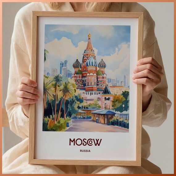 Moscow Russia Watercolor Saint Basils Cathedral Domes Poster