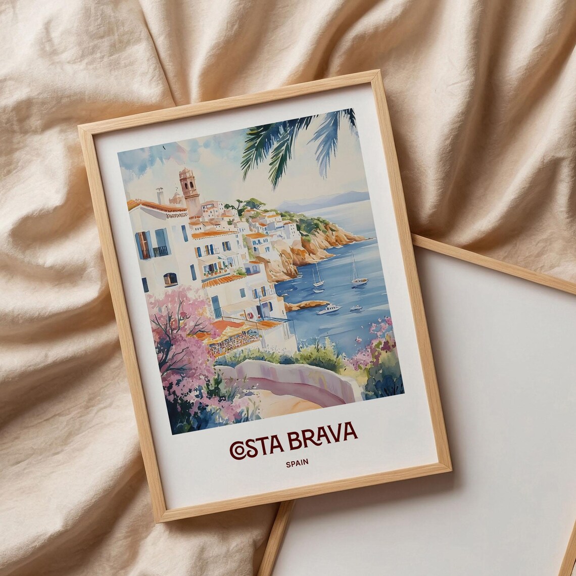 Costa Brava Spain White Village Coves Sailboats Watercolor Poster - Image 3