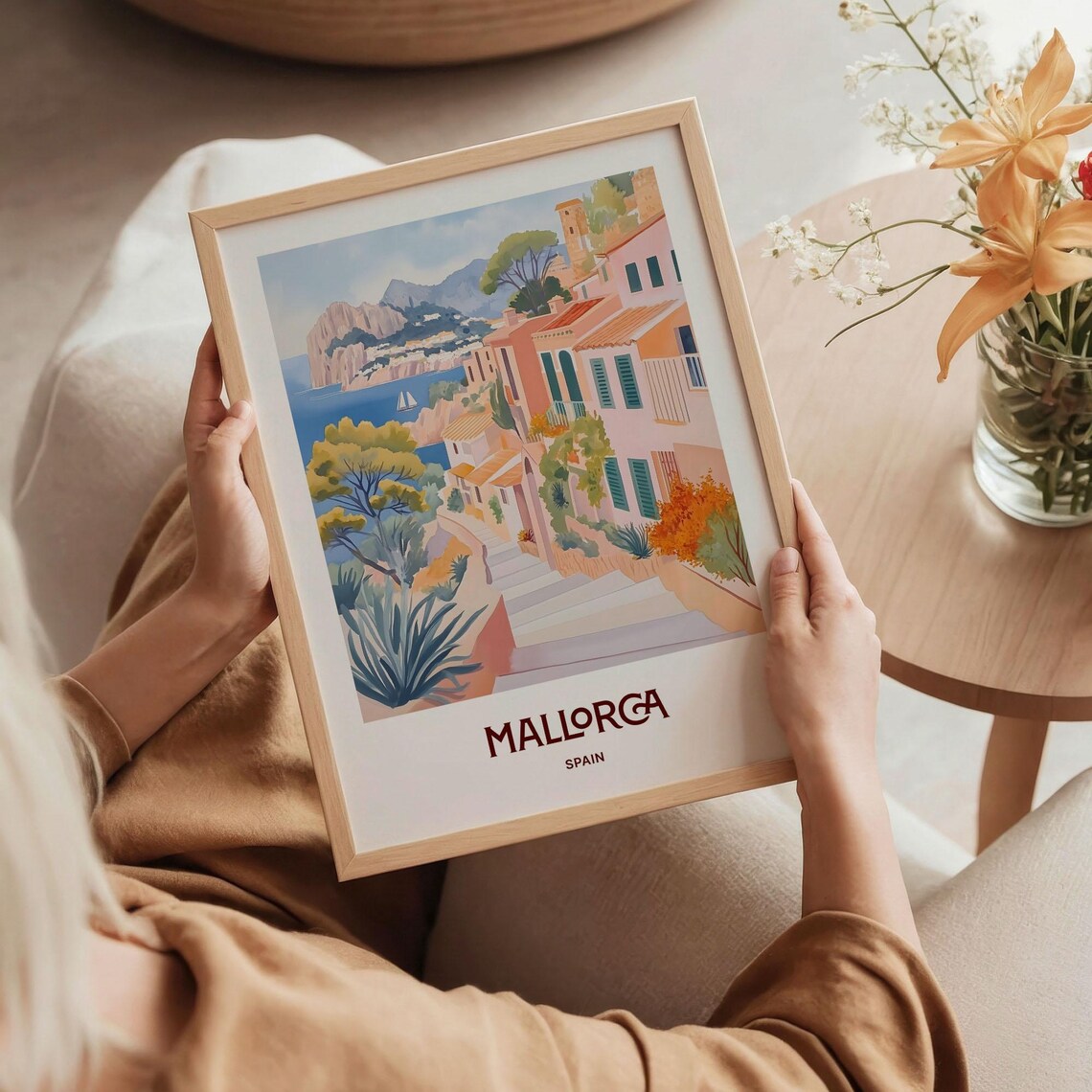 Mallorca Spain Mediterranean Village Sailboat Coast Watercolor Travel Poster - Image 5