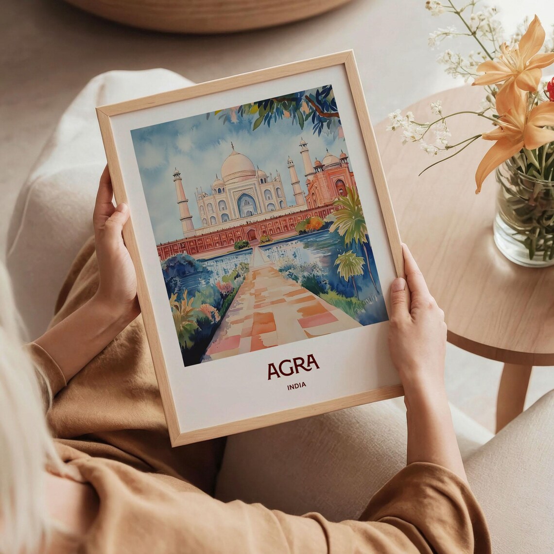 Agra India Taj Mahal Reflection Watercolor Iconic Landmark Travel Poster - Image 5
