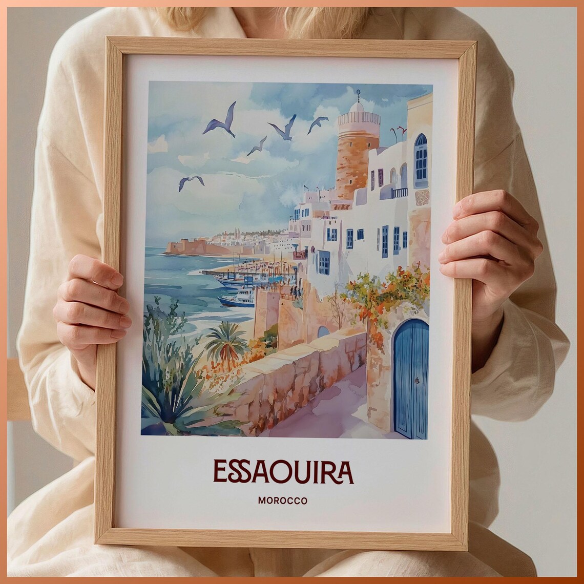 Essaouira Morocco Watercolor White Medina Harbor Fort Boats Travel Poster