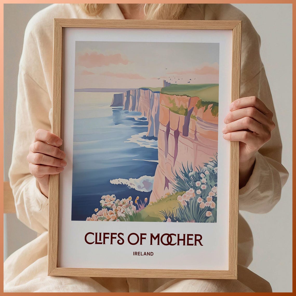 Cliffs of Moher Ireland Ocean Sunset Wildflowers Scene Poster