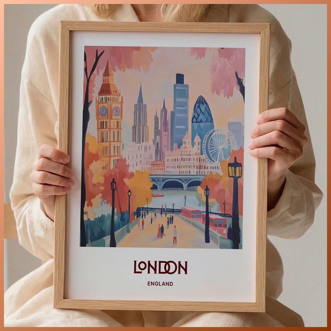 London England Big Ben Shard London Eye Bridge Travel Art Poster