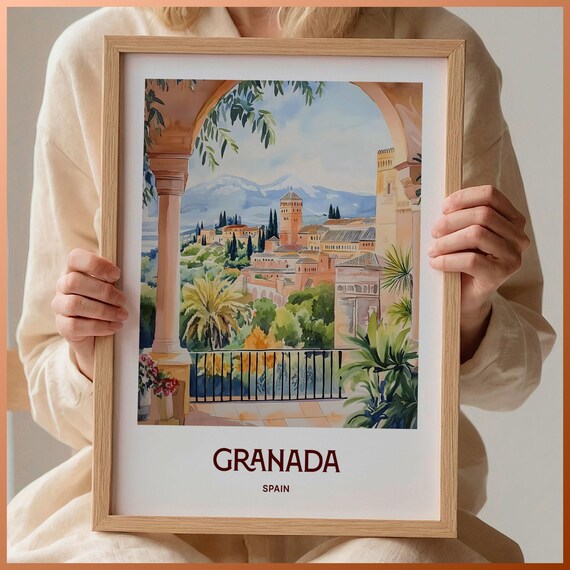 Granada Spain Glowing Alhambra Palace Watercolor Travel Poster