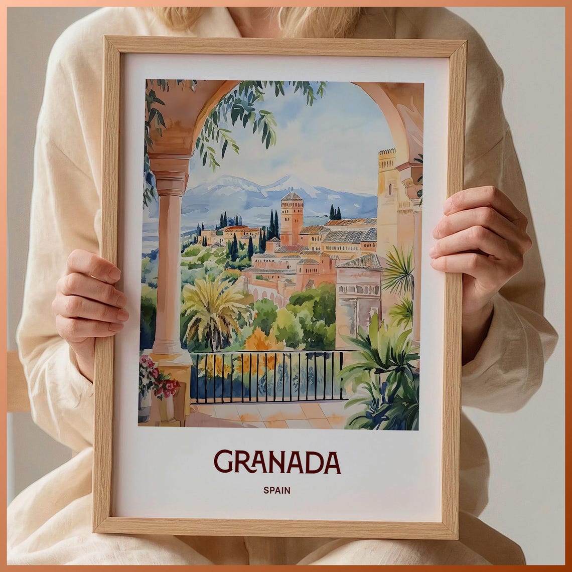 Granada Spain Glowing Alhambra Palace Watercolor Travel Poster