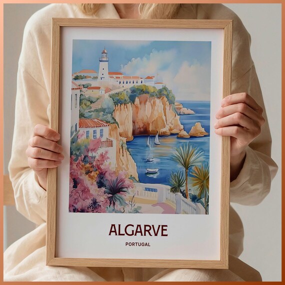 Algarve Portugal Cliff Lighthouse Sailboats Watercolor Travel Poster