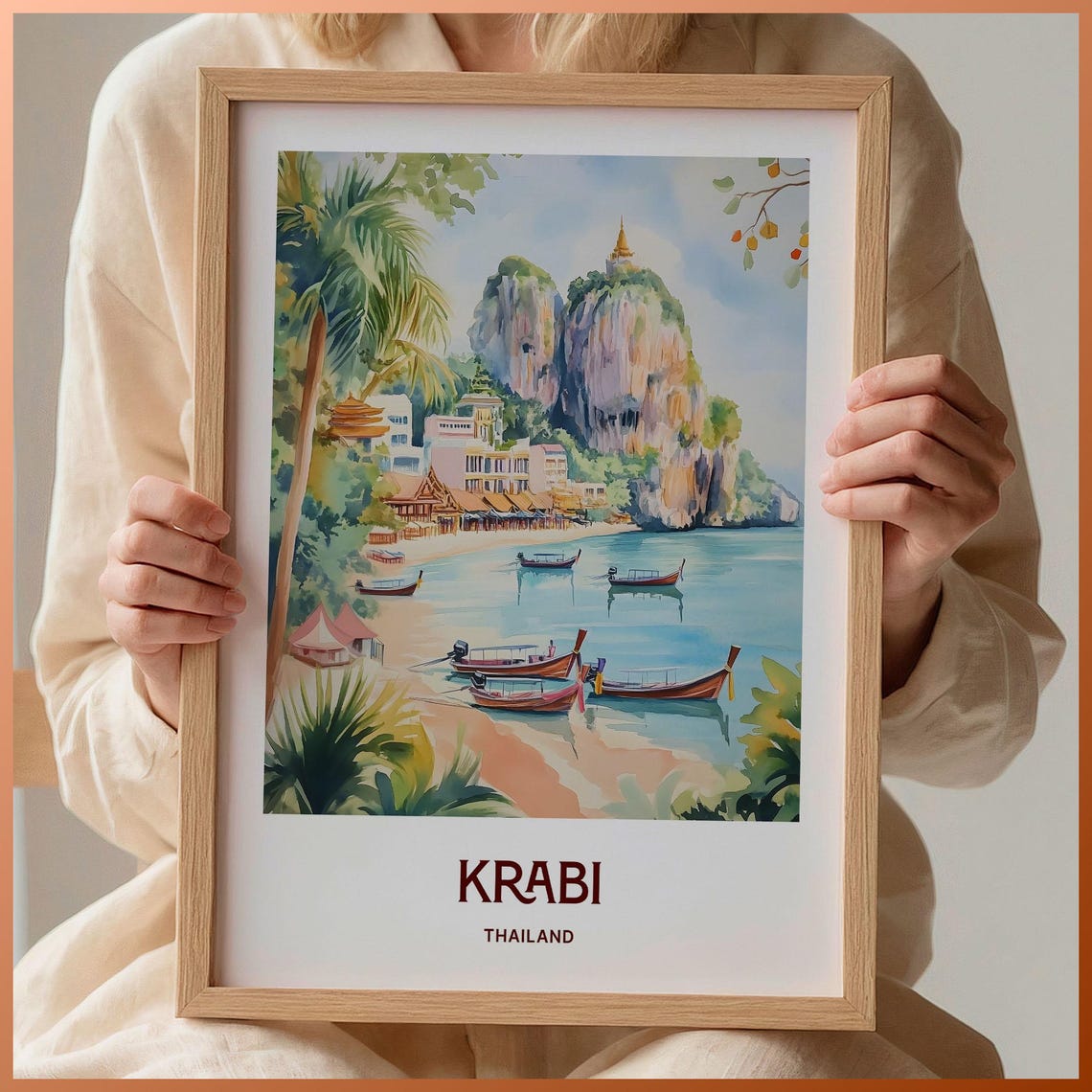 Krabi Thailand Limestone Cliffs Longtail Boats Pastel Poster