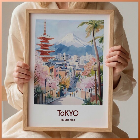 Tokyo Mount Fuji Pagoda Cherry Blossom Watercolor Travel Poster