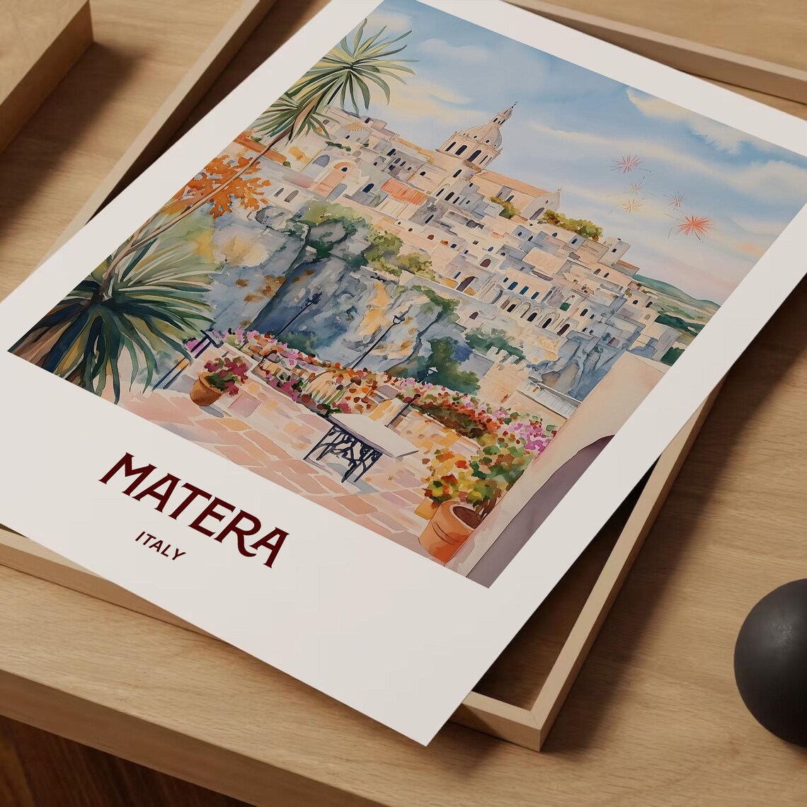Matera Italy Watercolor Ancient Cave Dwellings Flower Terrace View Poster - Image 2