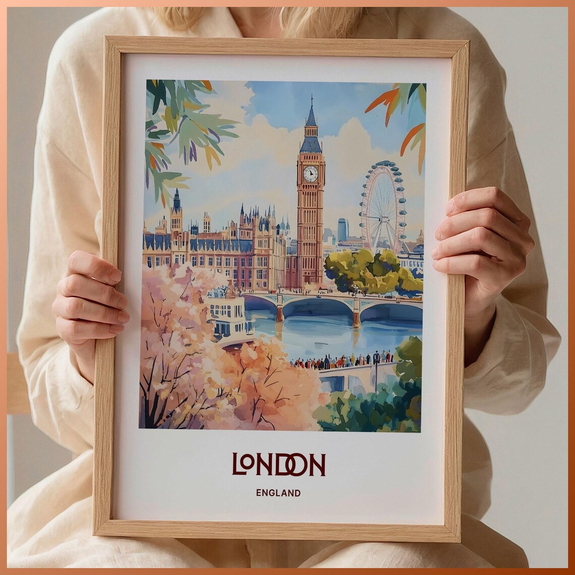 London England Big Ben London Eye Watercolor Travel Poster Gift