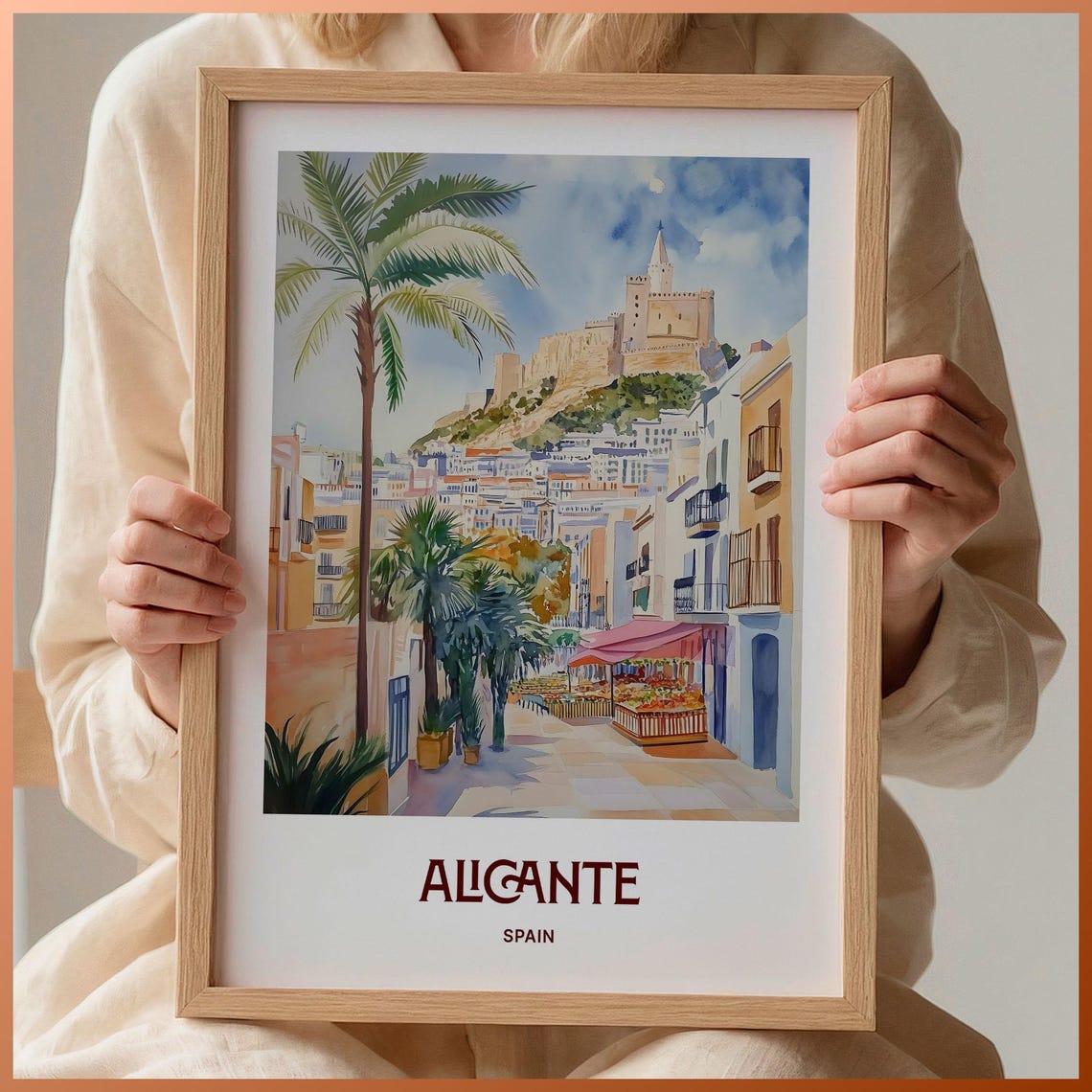 Alicante Spain Castle Old Quarter Watercolor Travel Art Poster