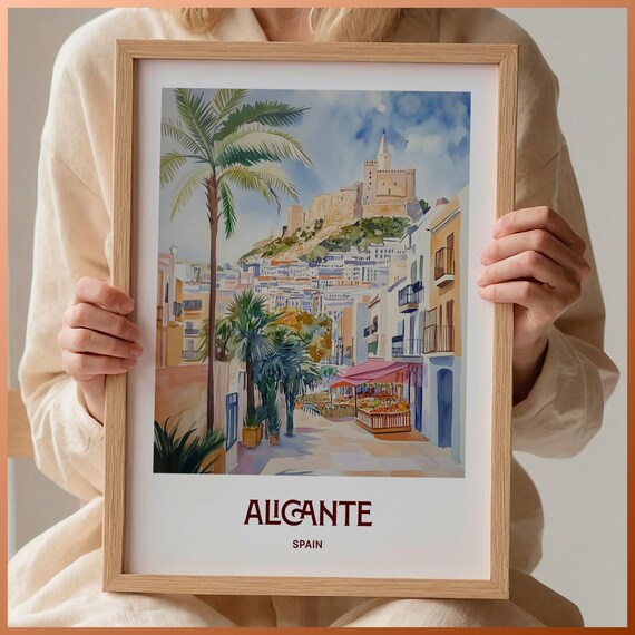 Alicante Spain Castle Old Quarter Watercolor Travel Art Poster