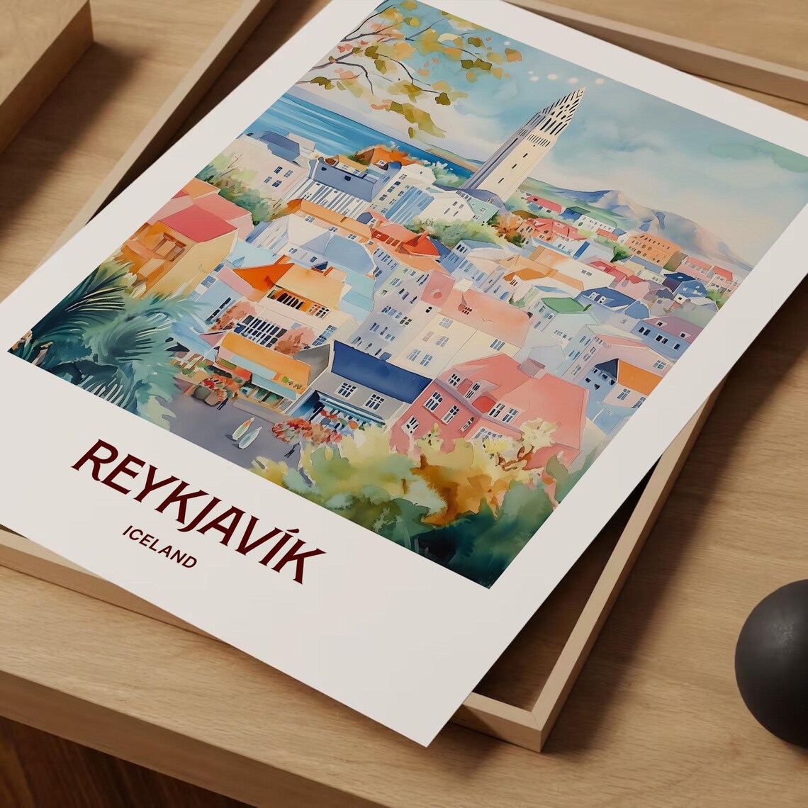 Reykjavik Iceland Hallgrimskirkja Colorful City Watercolor Travel Poster - Image 2