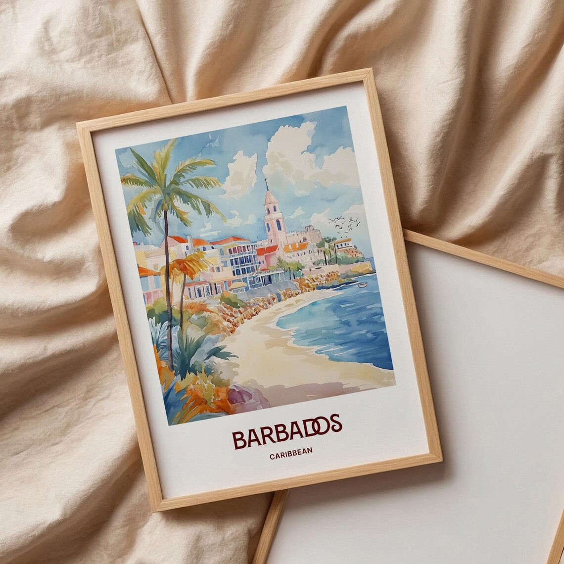 Barbados Caribbean Beach Palm Trees Colonial Coastal Town Poster - Image 3