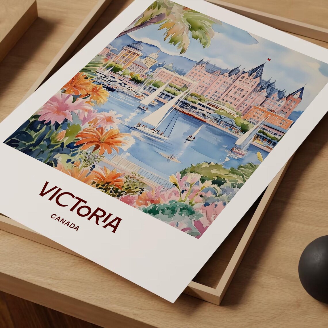 Victoria Canada Watercolor Harbor Sailboats Flowers City Skyline Poster - Image 2