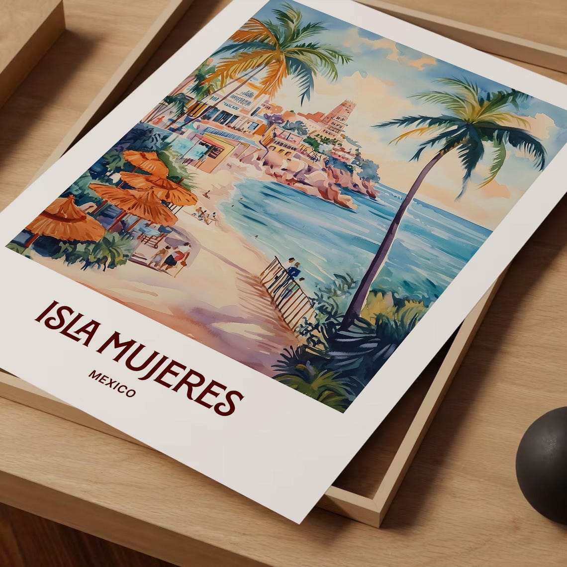 Isla Mujeres Mexico Caribbean Beach Palms Watercolor Travel Poster - Image 2
