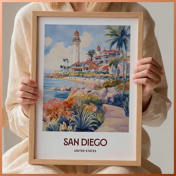 San Diego California Beach Lighthouse Watercolor Poster Palms