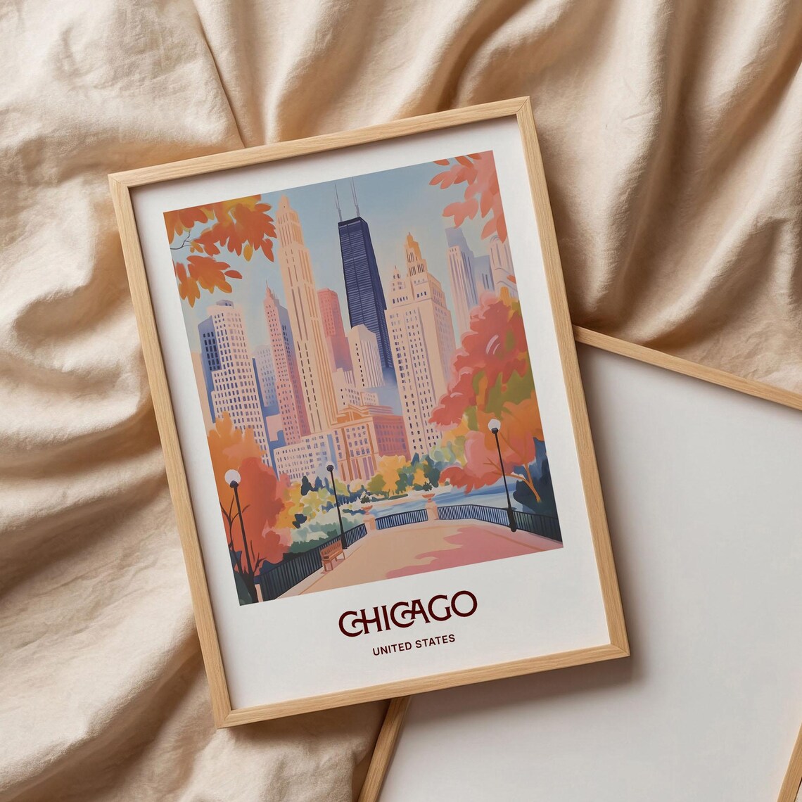 Chicago United States Pastel Skyline Autumn Park Scene Poster - Image 3