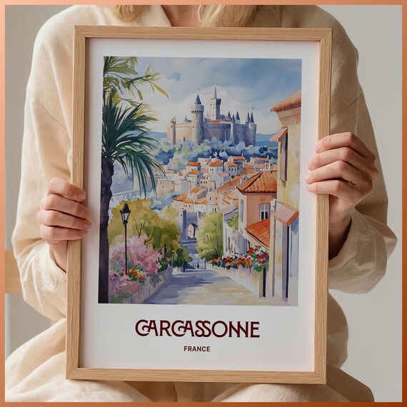 Carcassonne France Watercolor Medieval Castle Old Town Flower Street Poster