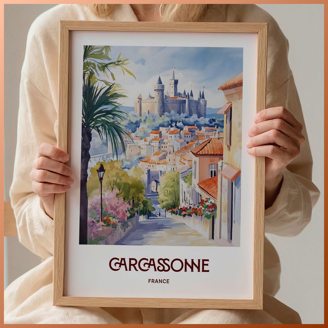 Carcassonne France Watercolor Medieval Castle Old Town Flower Street Poster