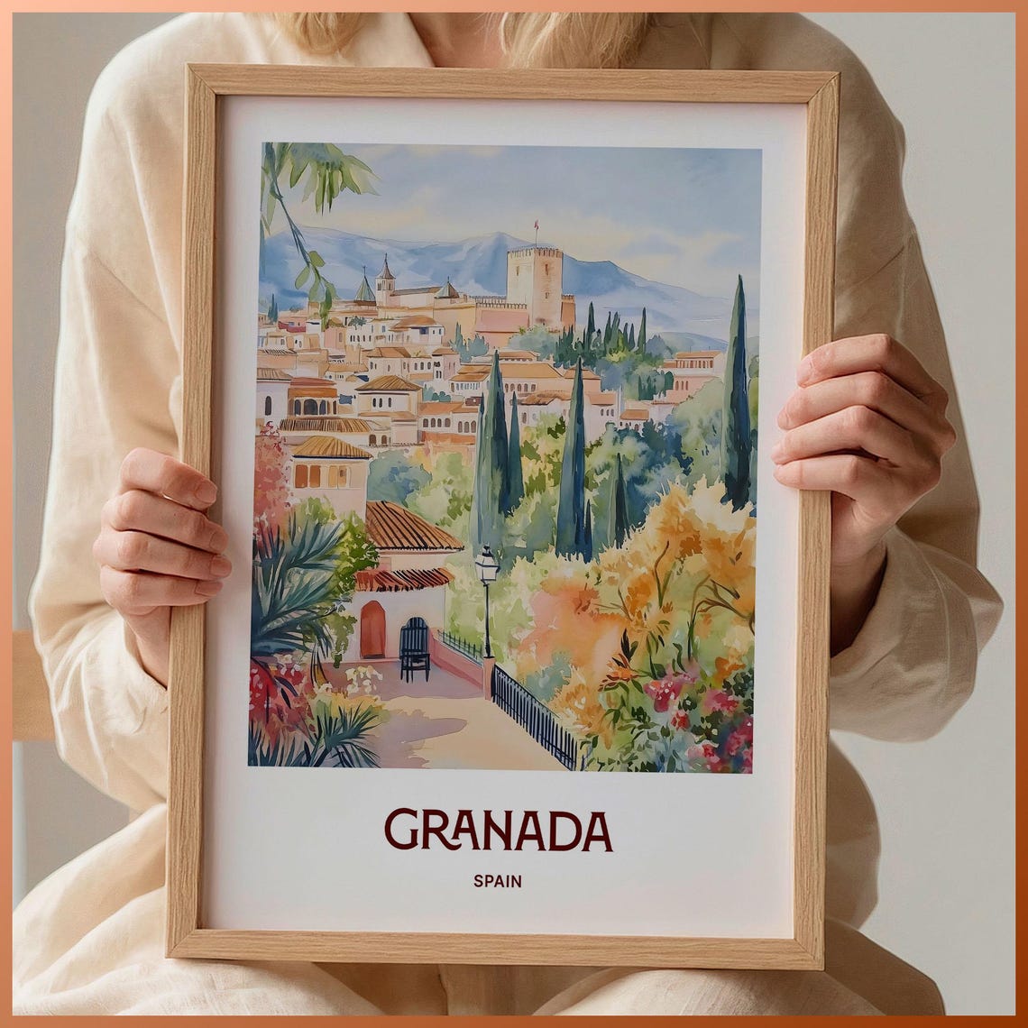 Granada Spain Alhambra Fortress Watercolor Poster Cypress Hills