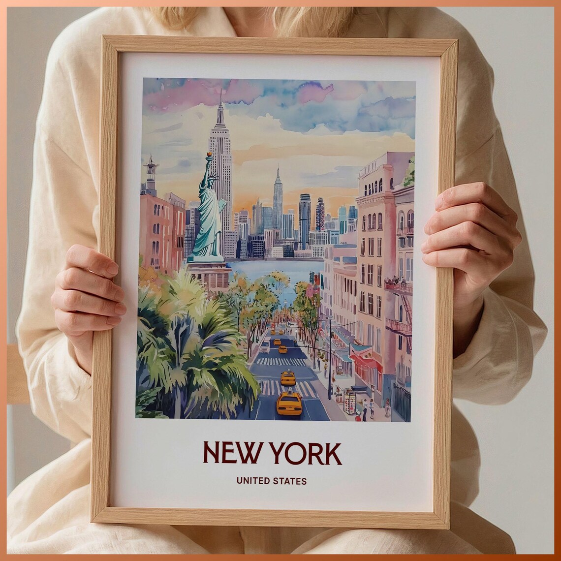 New York City Skyline Statue of Liberty Watercolor Travel Poster