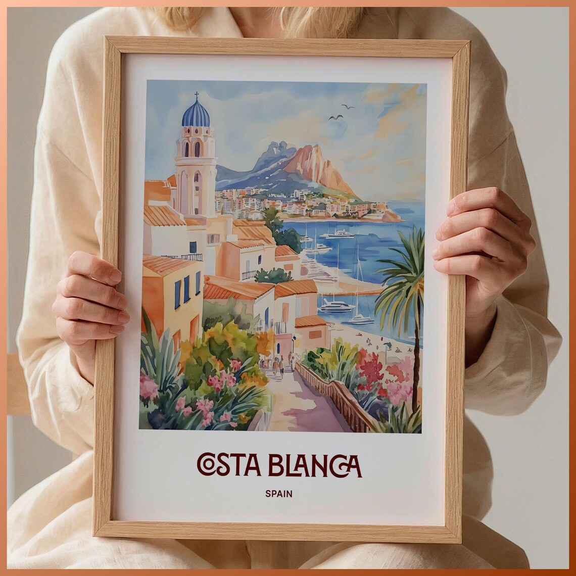 Costa Blanca Spain Watercolor Seaside Church Marina Travel Poster