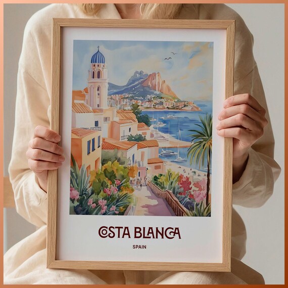Costa Blanca Spain Watercolor Seaside Church Marina Travel Poster