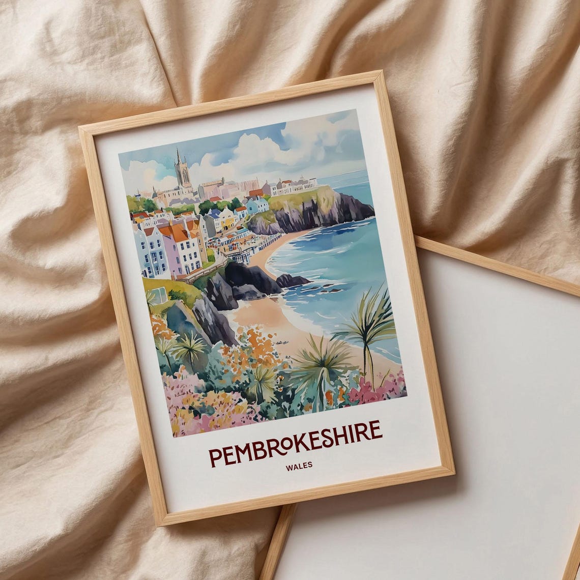 Pembrokeshire Wales Coastal Town Beach Cliffs Watercolor Travel Poster - Image 3