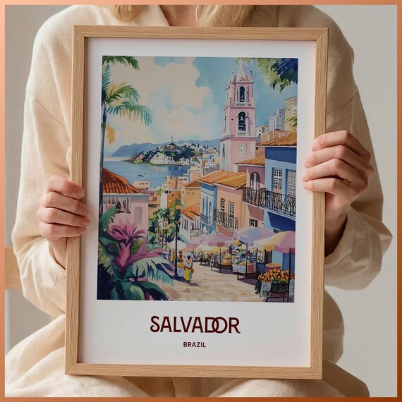 Salvador Brazil Colonial Street Market Church Watercolor City Poster