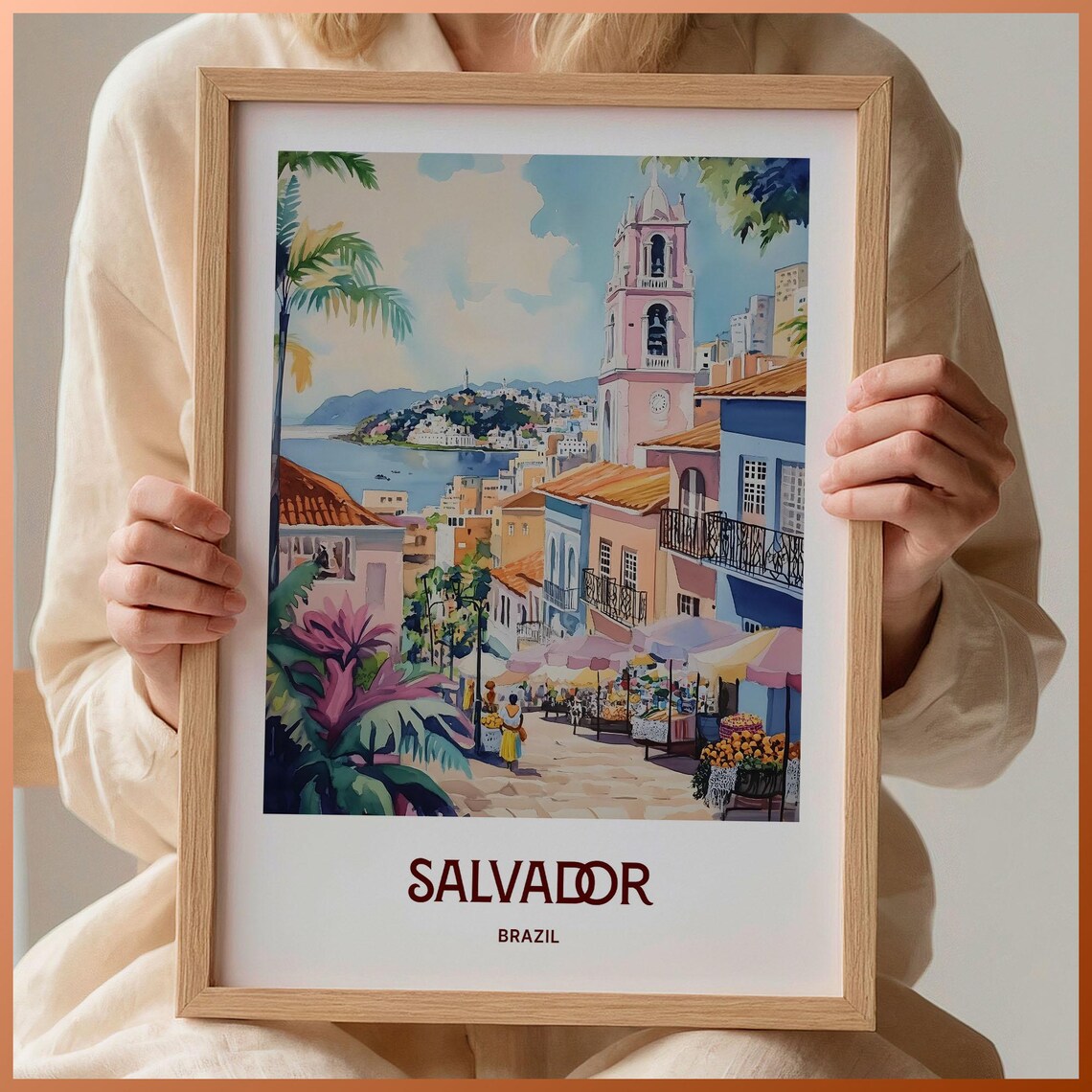Salvador Brazil Colonial Street Market Church Watercolor City Poster