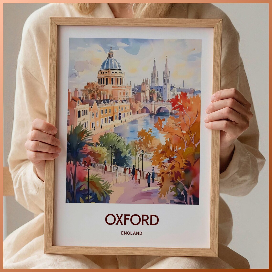 Oxford England University Spires River Autumn Watercolor Travel Poster