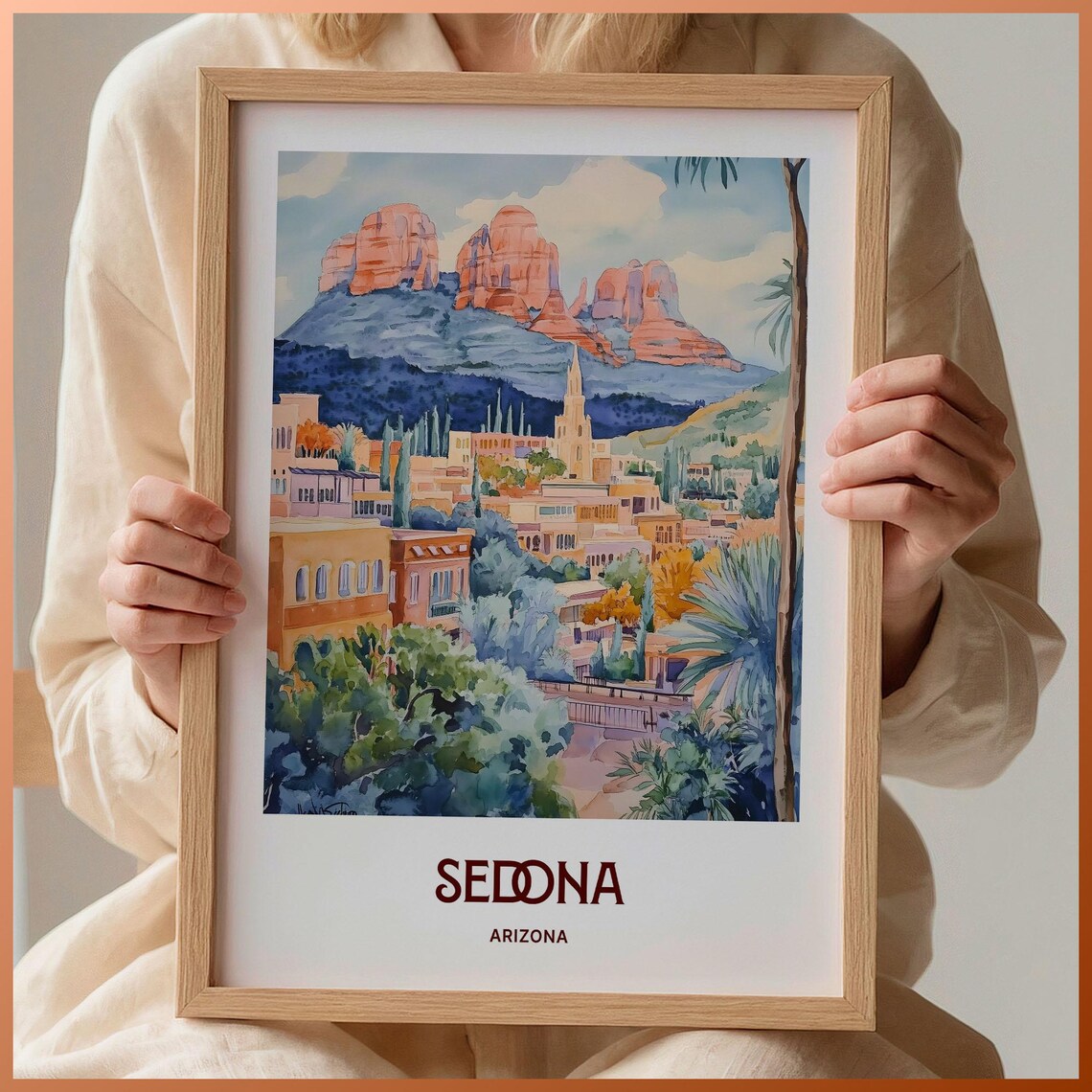 Sedona Arizona Cathedral Rock Red Rocks Watercolor Travel Poster
