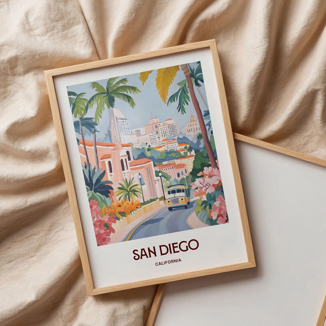 San Diego California Palm Lined Street Skyline Watercolor Travel Poster - Image 3