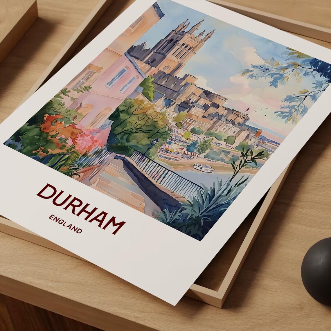 Durham England Watercolor Cathedral Castle River Hillside Town Poster - Image 2