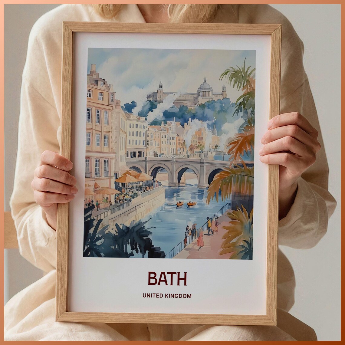 Bath United Kingdom Watercolor Pulteney Bridge River Avon Travel Poster