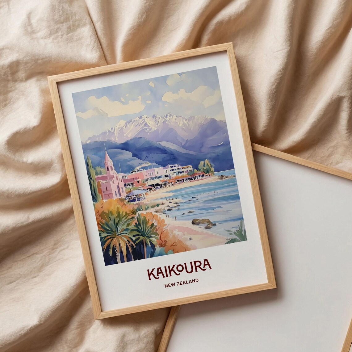 Kaikoura New Zealand Beach Mountains Watercolor Coastal Travel Poster - Image 3