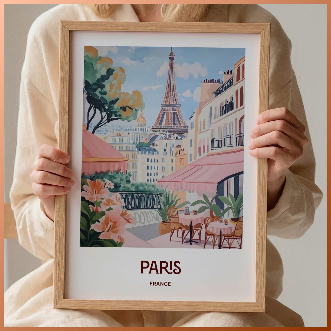 Paris France Eiffel Tower Parisian Cafe Terrace View Art Poster