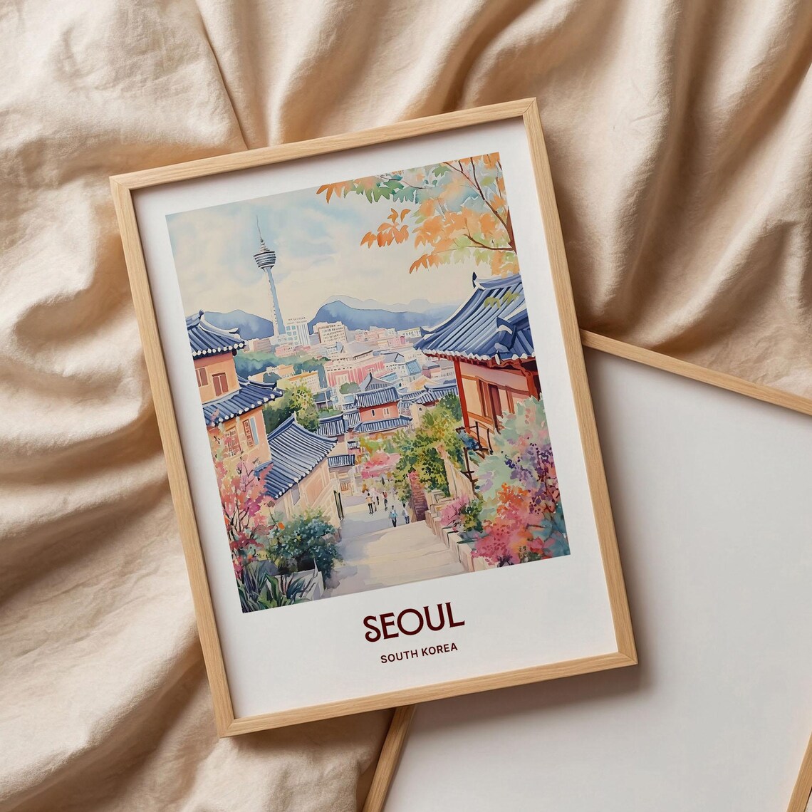 Seoul South Korea Watercolor Hanok Village Tower View Poster - Image 3